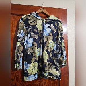 Caribbean Joe Blue Floral 3/4 Sleeve Hooded Zipper Jacket Size Large Flowers